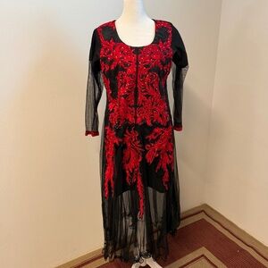 Black Red Embroidered Sheer Formal Dress